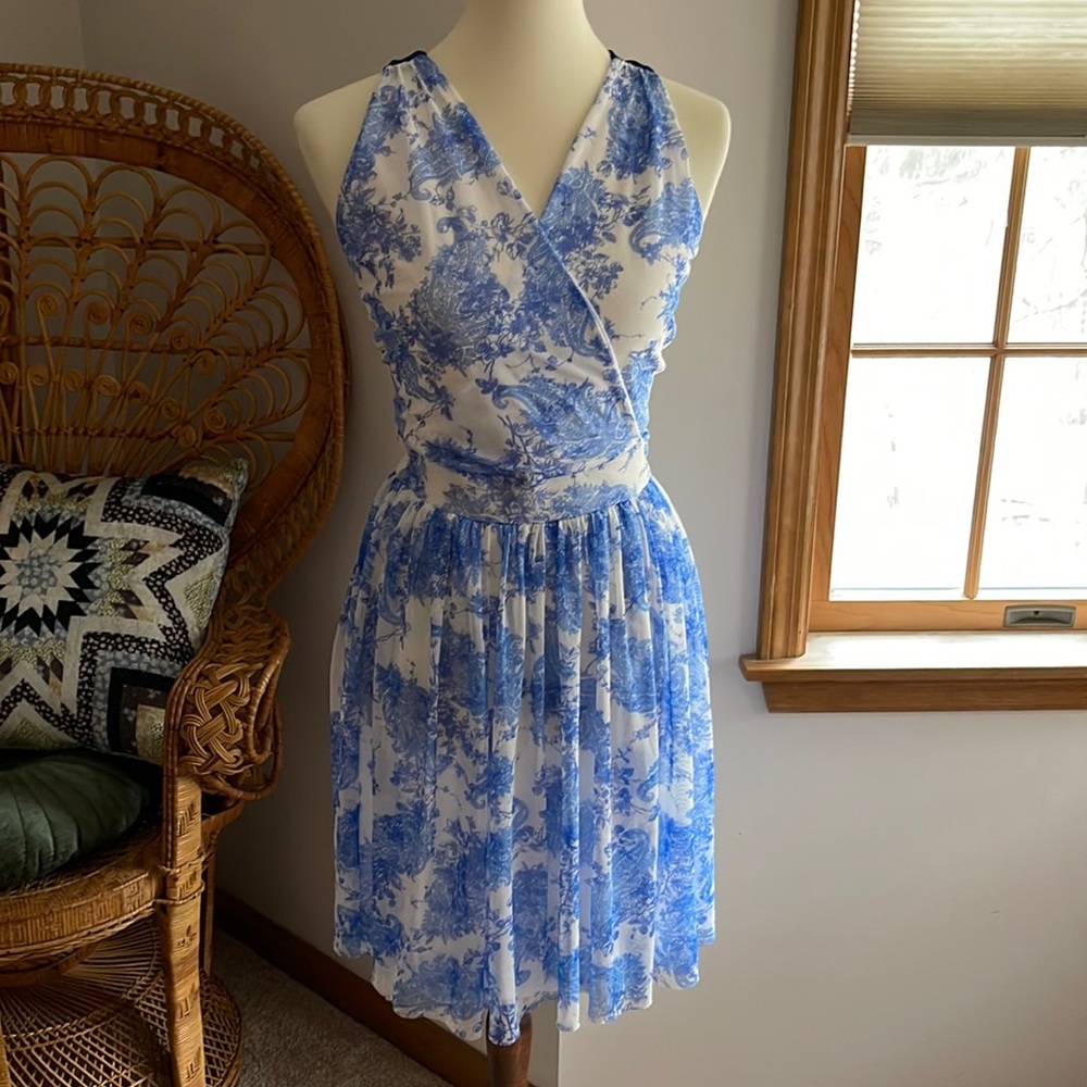 Boohoo Blue & White Patterned Halter Dress